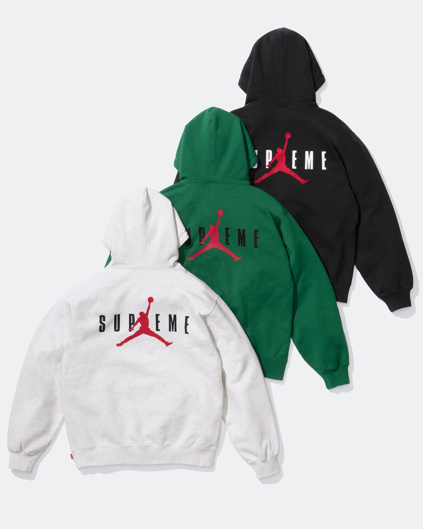 Supreme x Air Jordan Fleece Hoodie Black HF0836-010 Birch Heather HF0836-051 Gorge Green HF0836-341