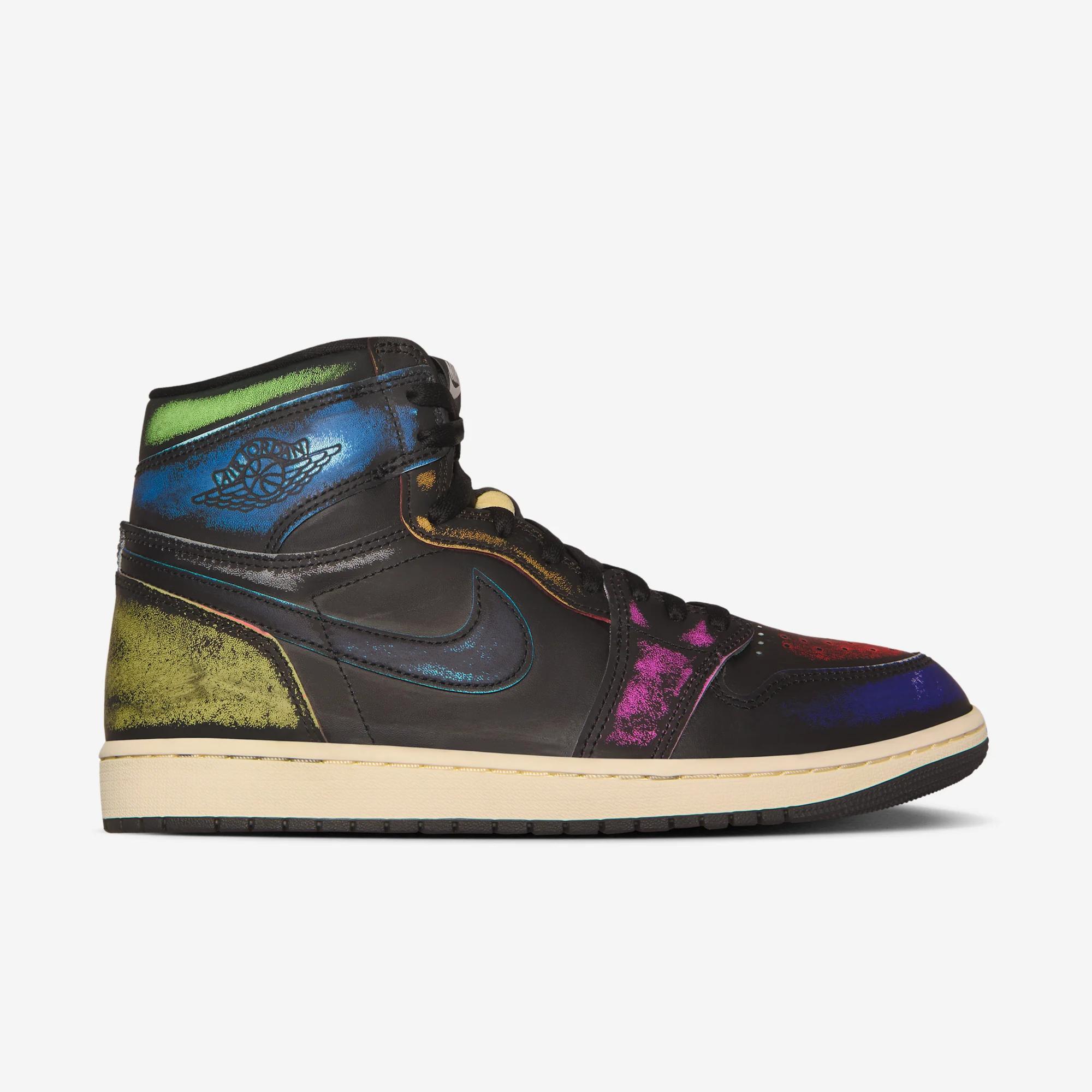 A black Air Jordan 1 high-top sneaker with distressed multicolored iridescent accents and a cream sole.
