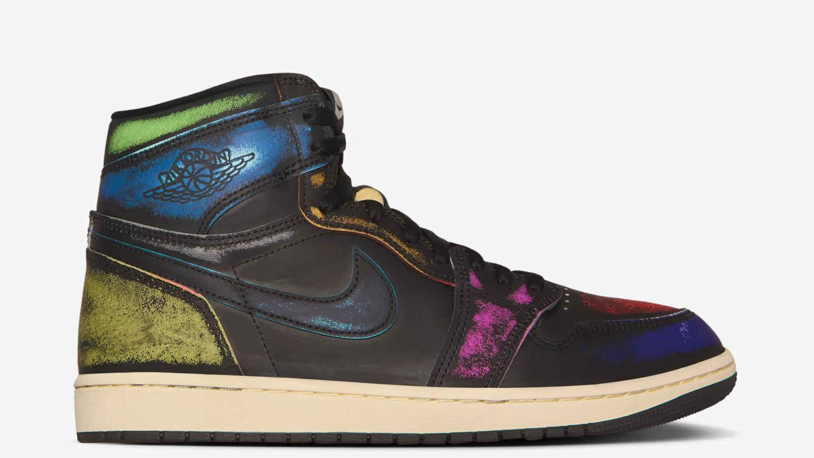 A black Air Jordan 1 high-top sneaker with distressed multicolored iridescent accents and a cream sole.