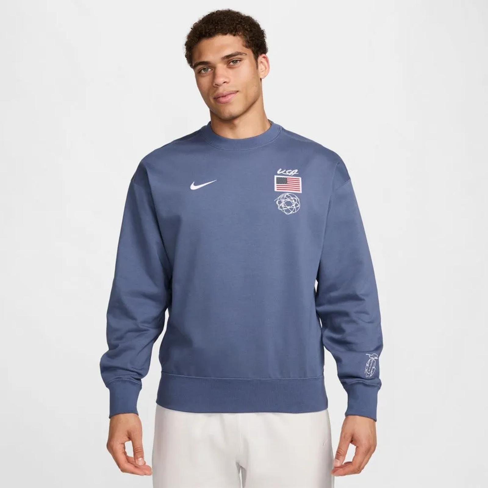 Nike USA Men's Solo Dri-FIT Fleece Crew Futura Diffused Blue/White FD7665-491