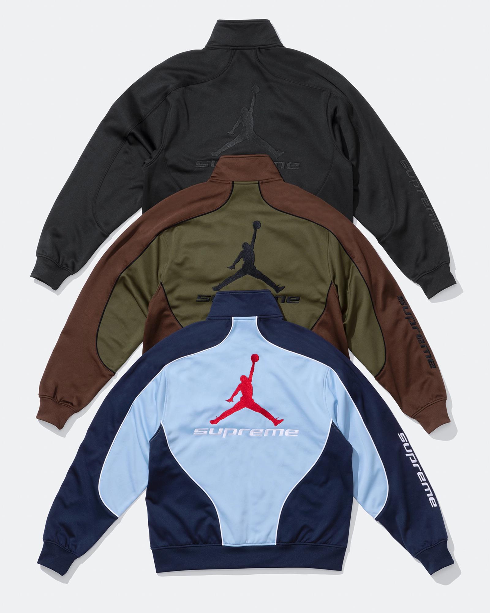 Supreme x Air Jordan Track Jacket Black HF0830-010 Olive Canvas HF0830-395 Psychic Blue HF0830-436