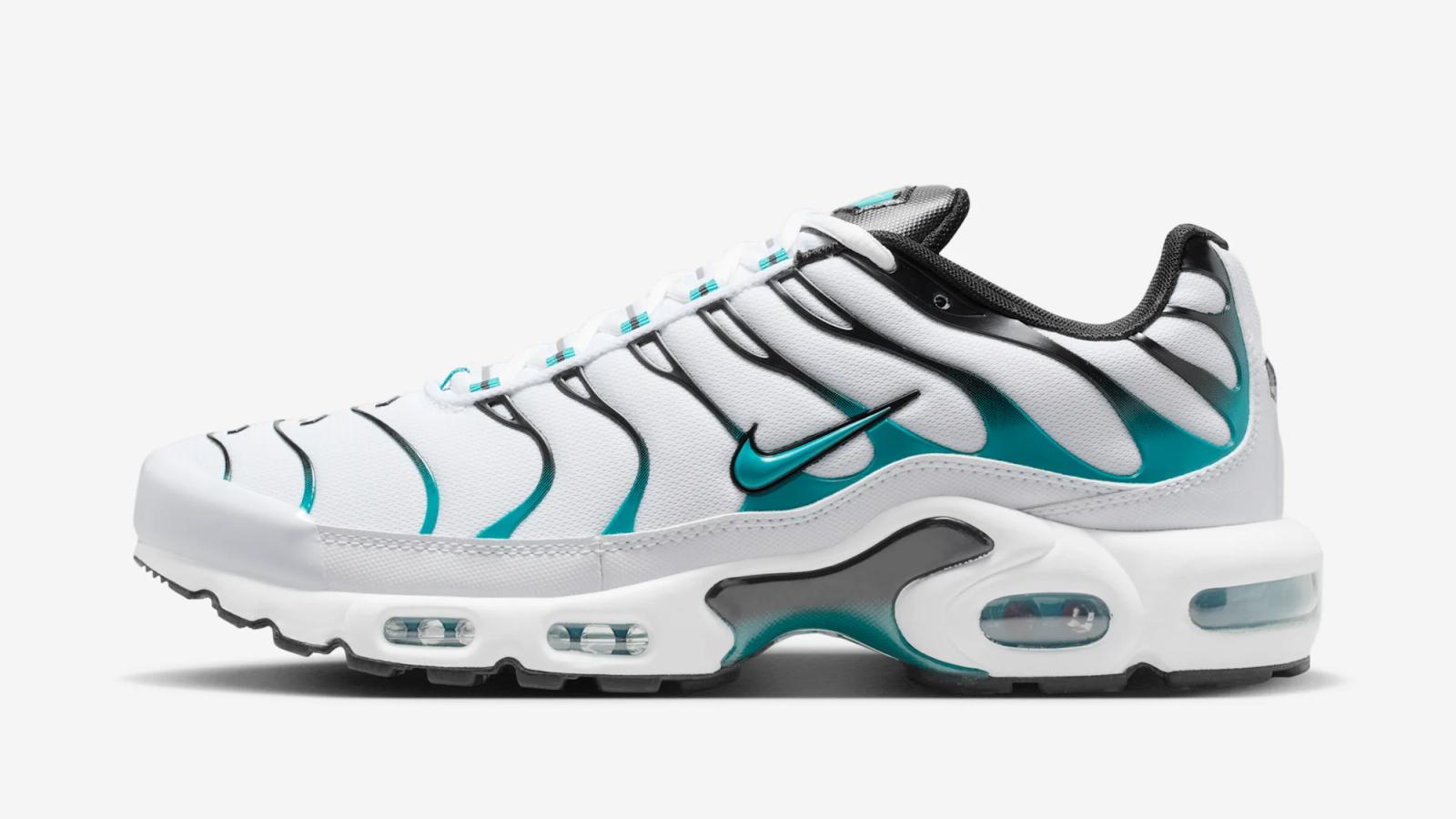 White Nike Air Max Plus sneaker with teal and black details.