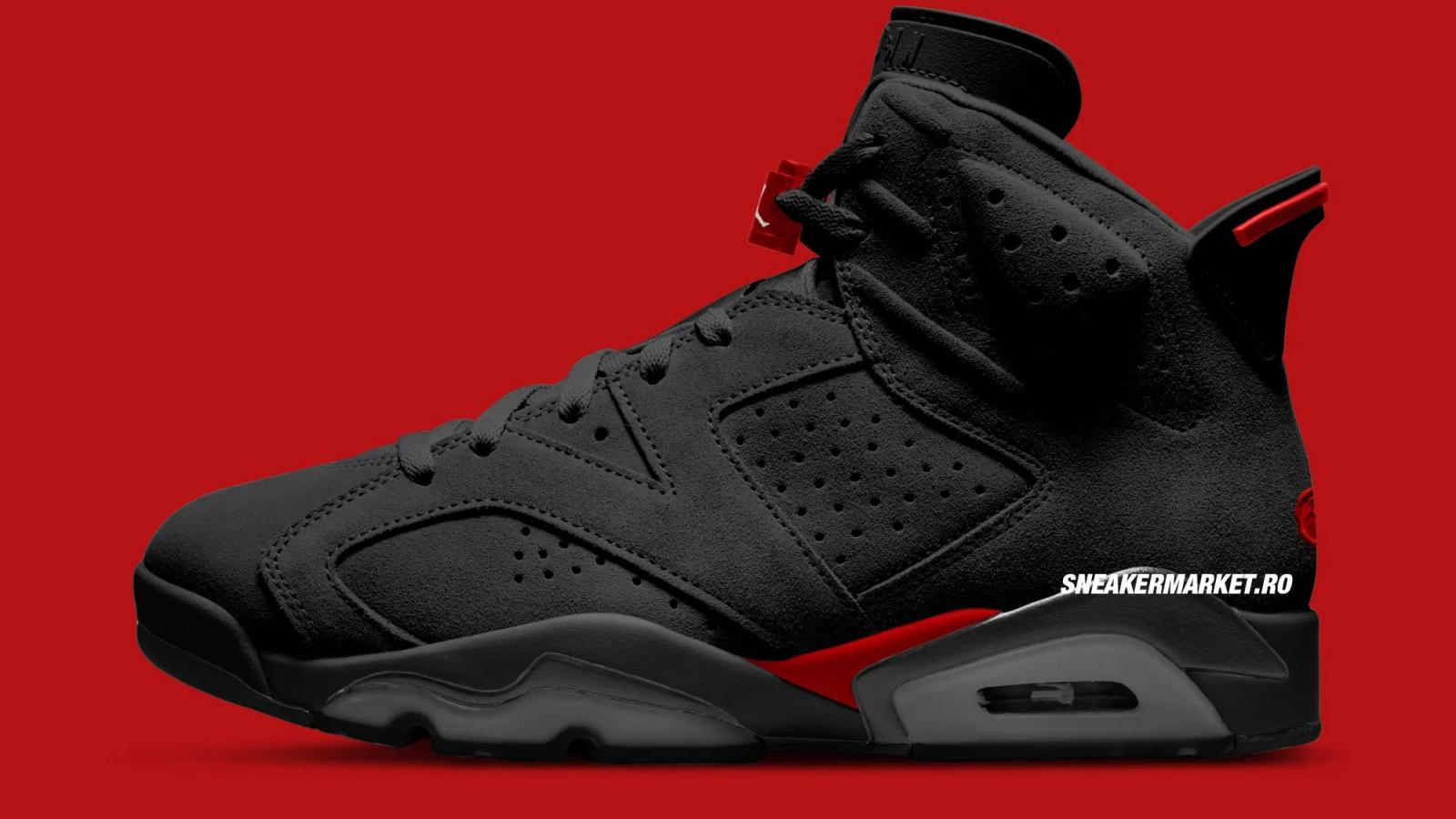 Black and red Air Jordan 6 sneaker on a red background.