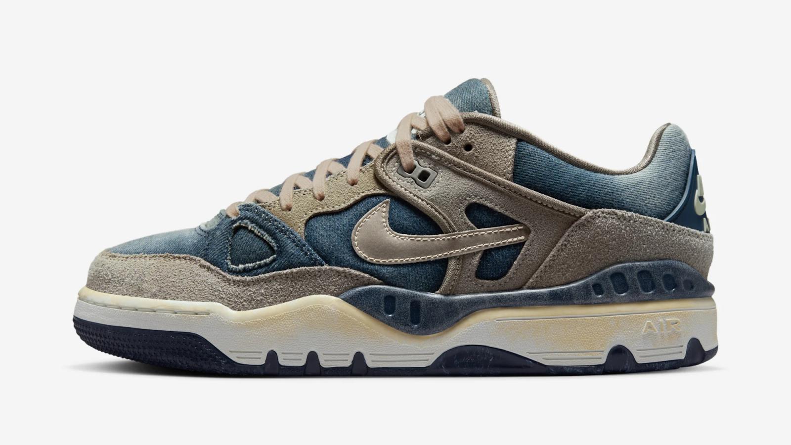 Nike Air sneaker in blue denim and tan suede with an aged midsole.