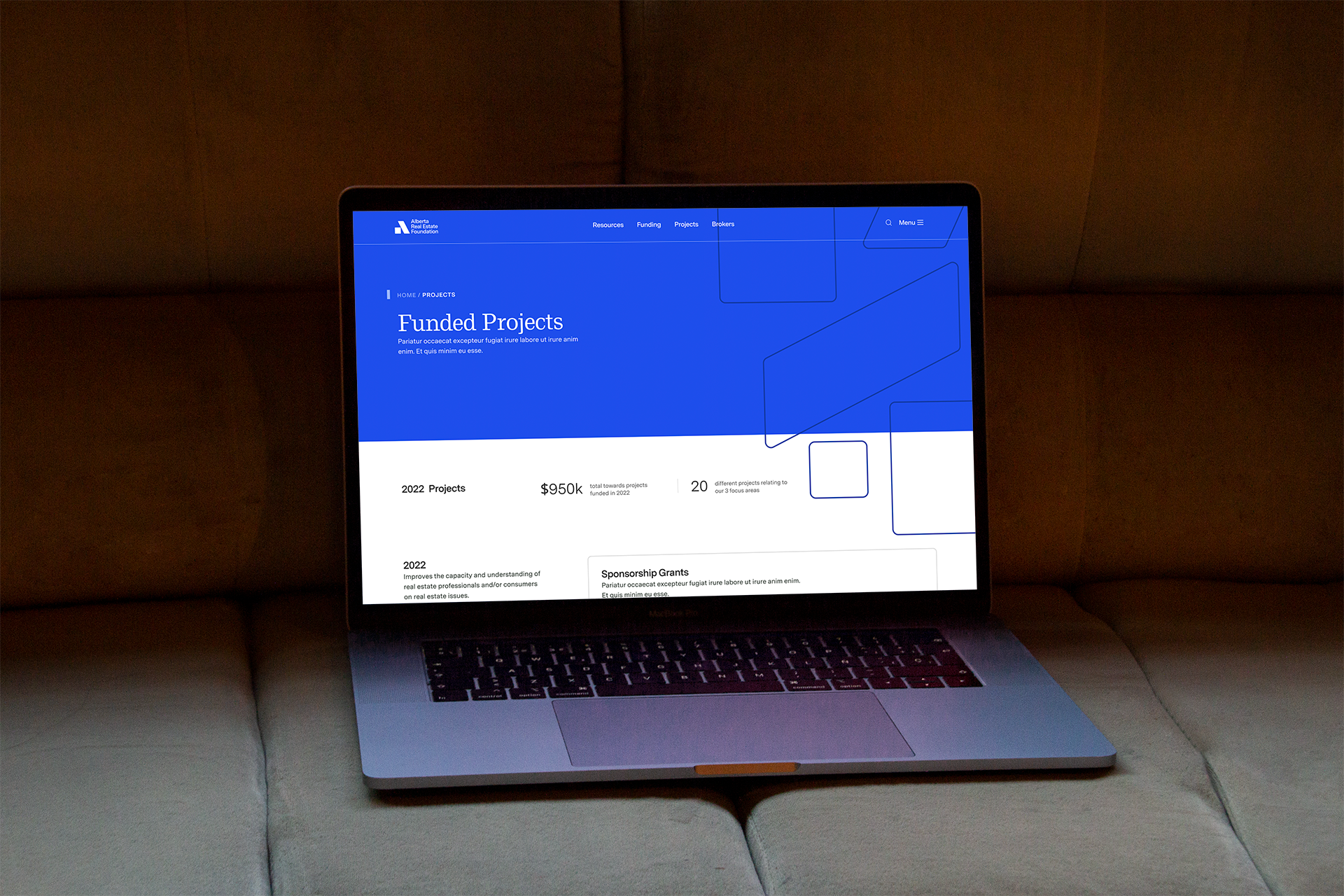 Funded Projects page for AREF website on a laptop with bright blue background.