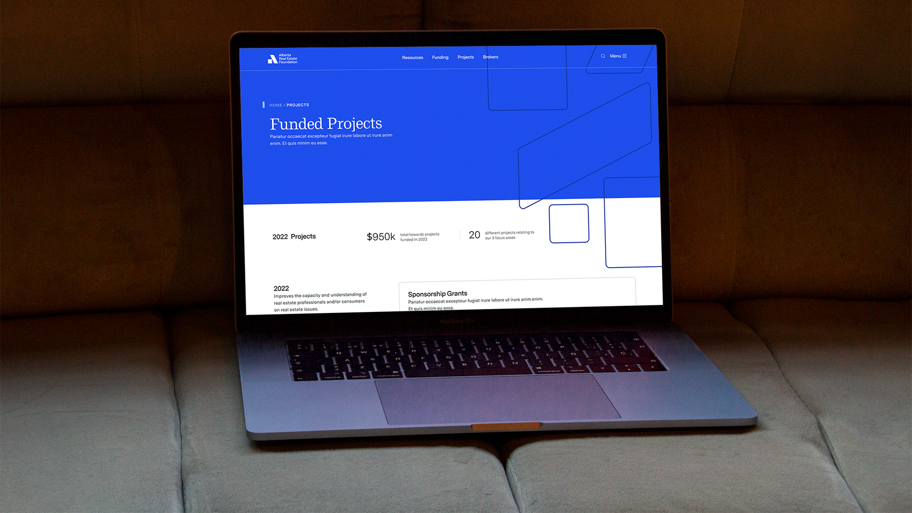 Funded Projects page for AREF website on a laptop with bright blue background.