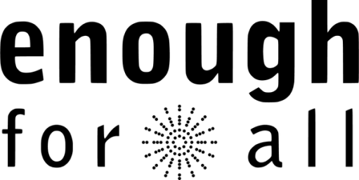 The 'enough for all' logo in black lowercase lettering, with a radiating dotted starburst graphic between the words 'for' and 'all.'