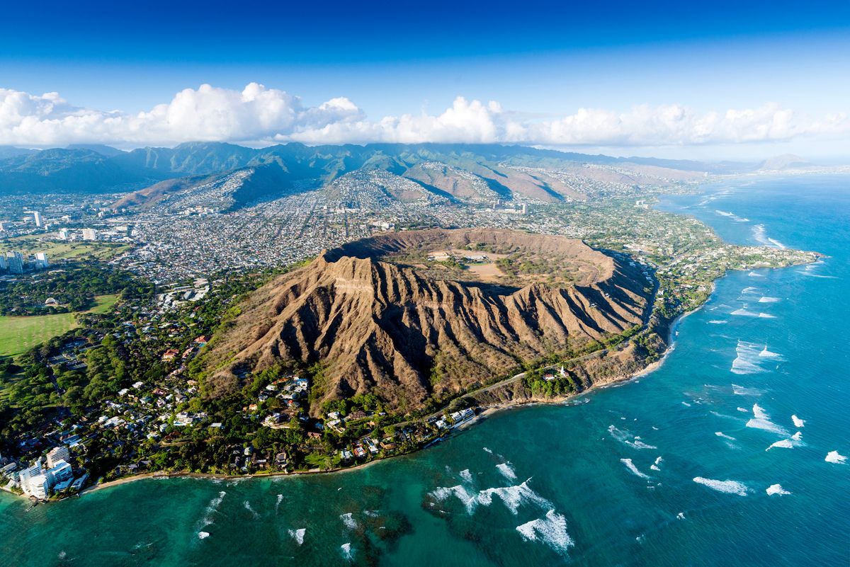Aerial view of Diamond Head crater and coastal city