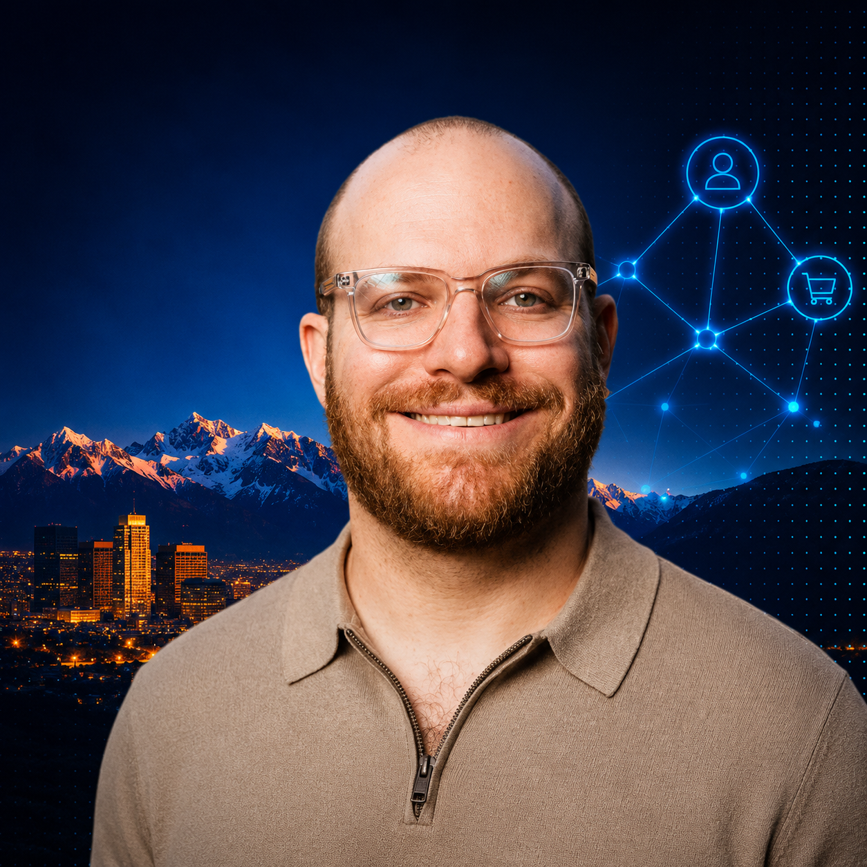 Professional portrait with tech city backdrop