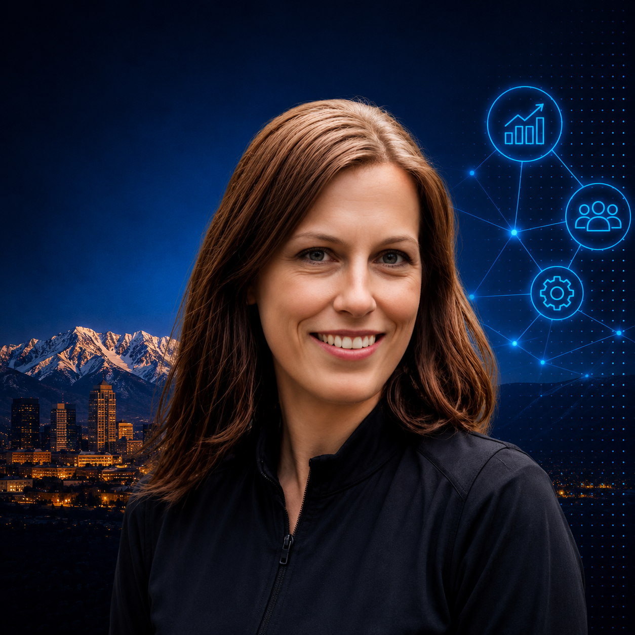 Female executive is dusky background