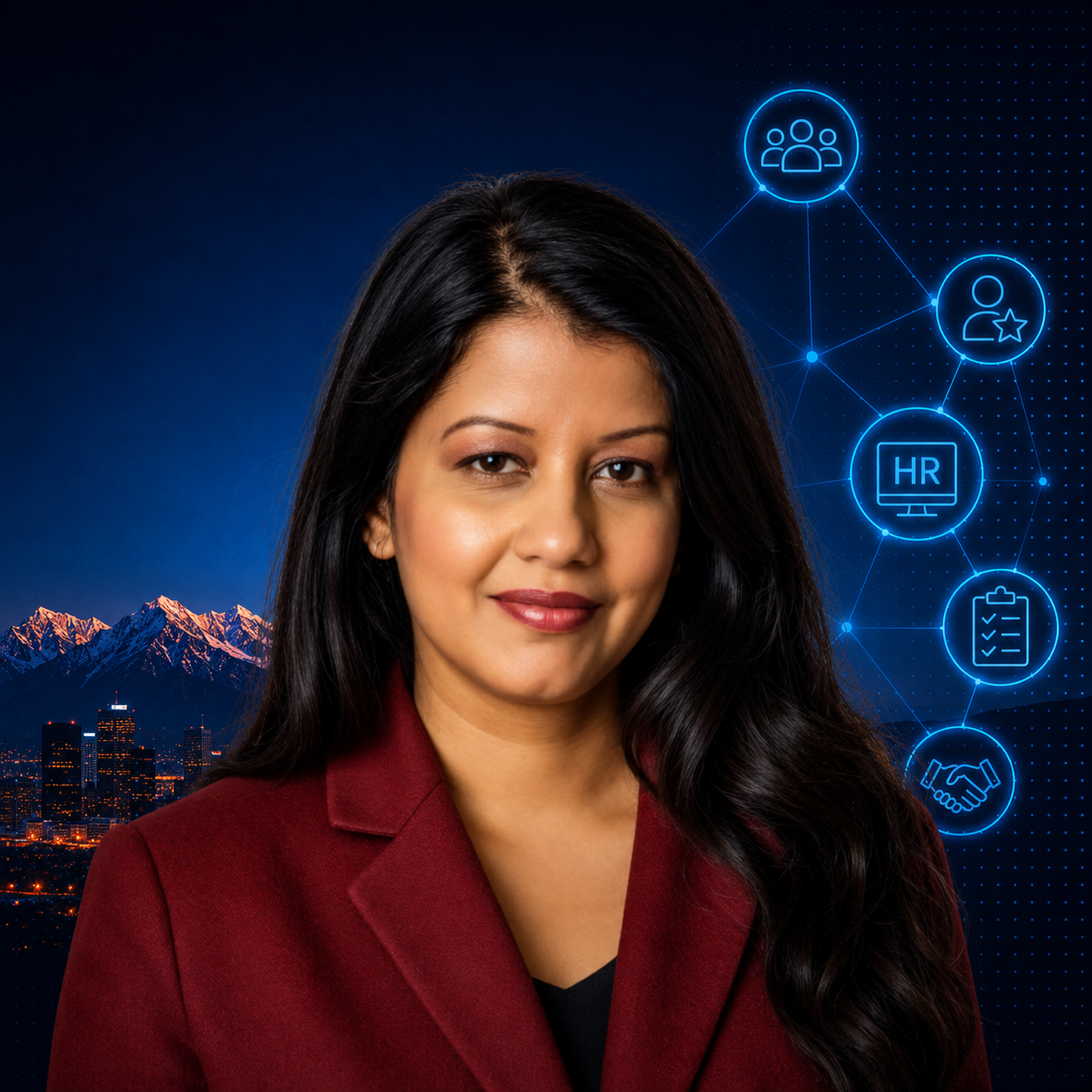 Female Tech-driven professional at dusk cityscape