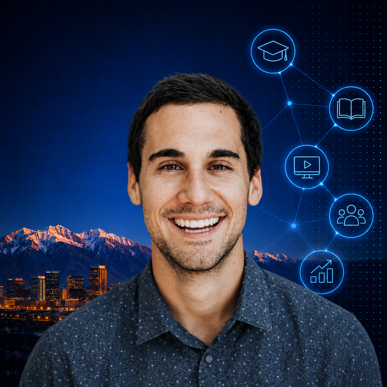 Tech executive against dusky mountain background