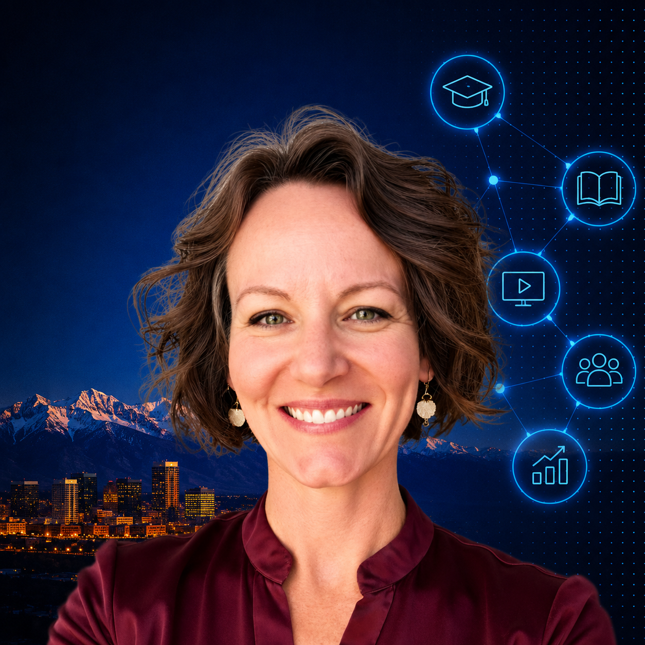 Tech woman against dusky denver skyline