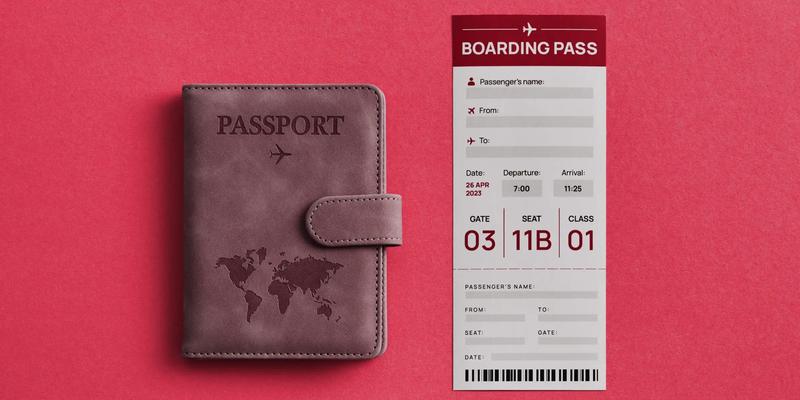 Passport and boarding pass on red background, representing NRI passport application and verification process.
