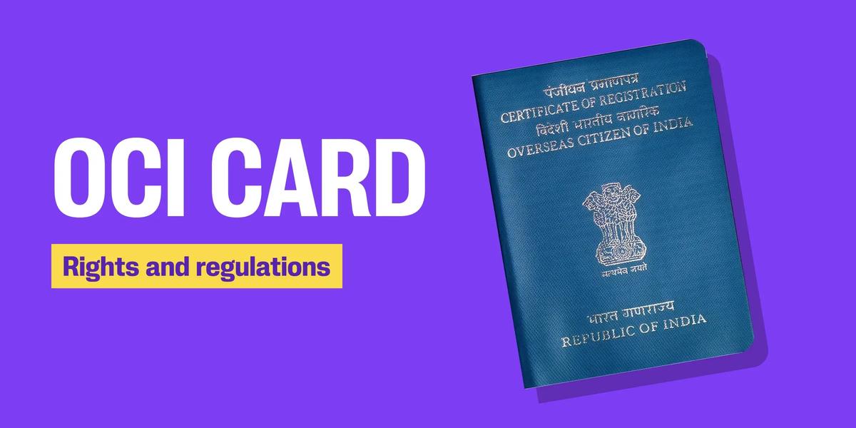 OCI card on purple background, illustrating rights and restrictions for NRIs holding Overseas Citizenship of India.