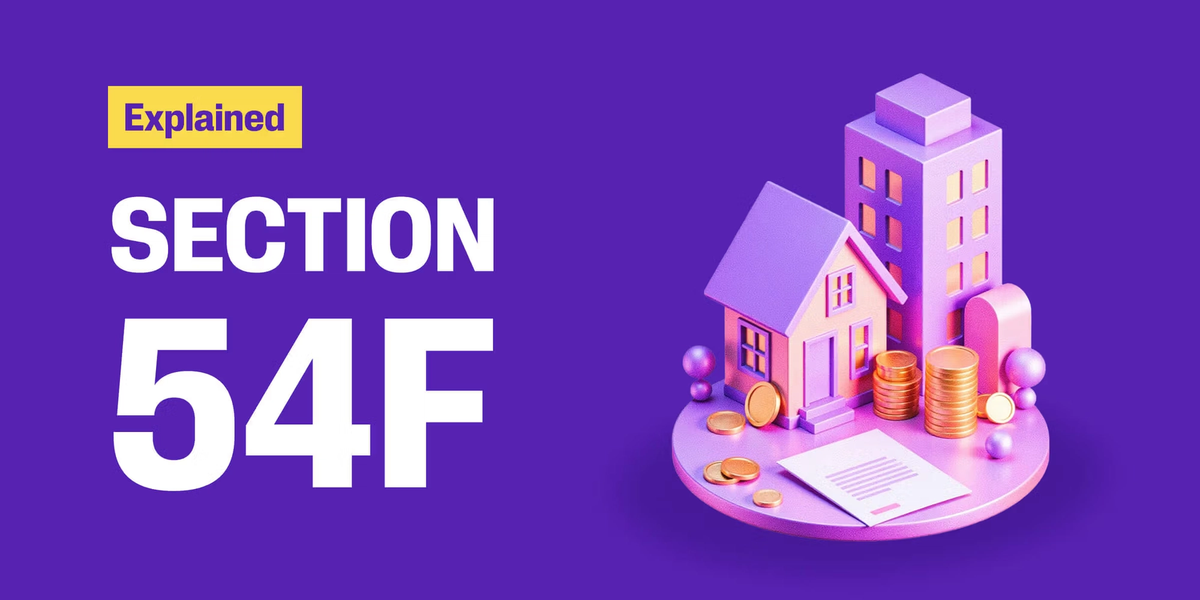 Section 54F of Income Tax Act explained — cover graphic with property and investment icons