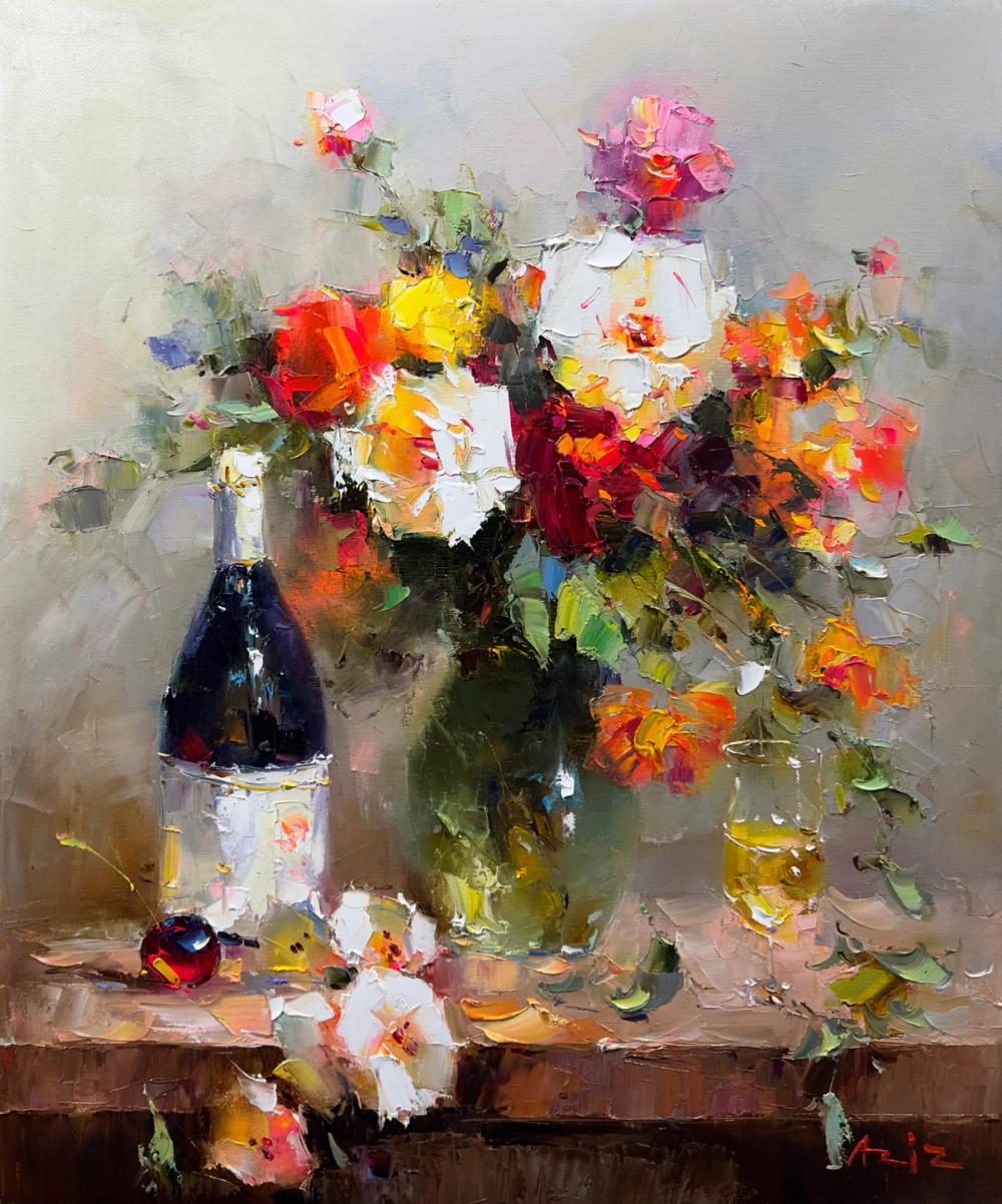 A bouquet and a glass of champagne 