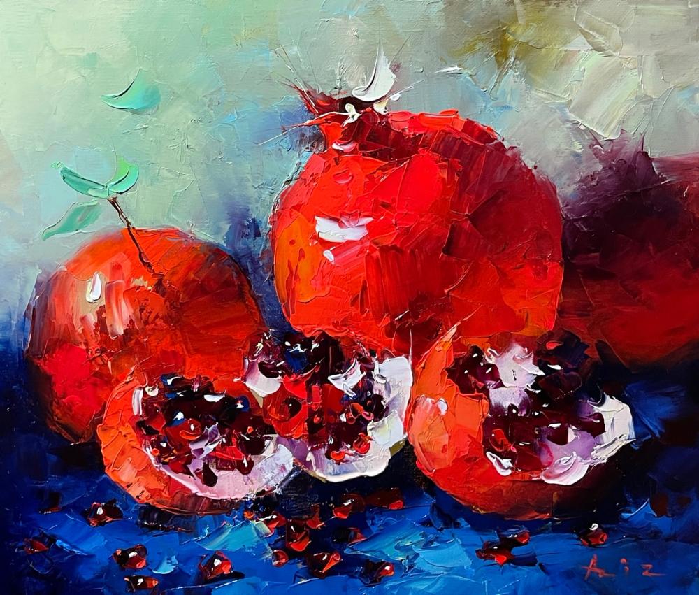 Still life with pomegranate on a blue background