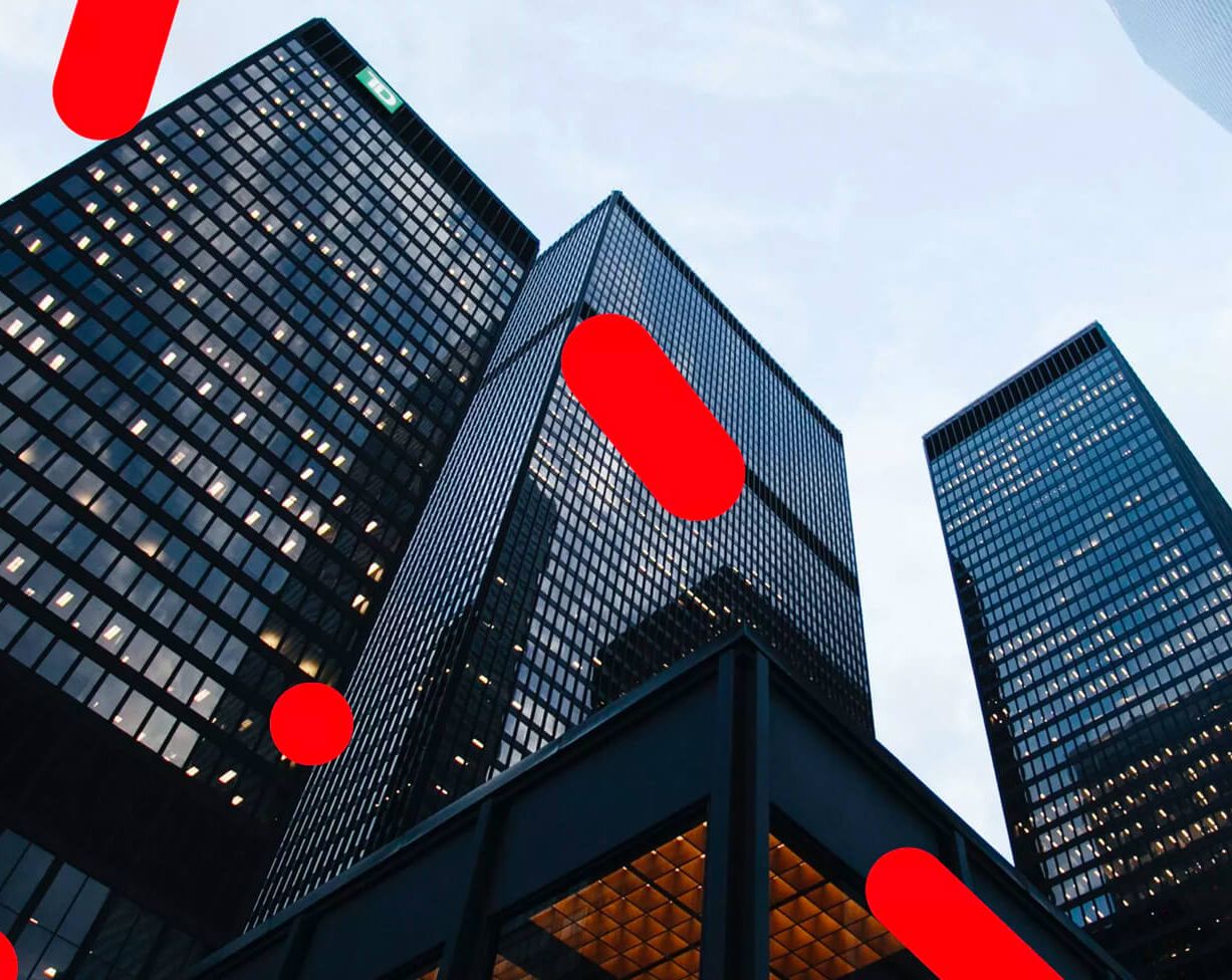 Cityscape with red pattern overlay