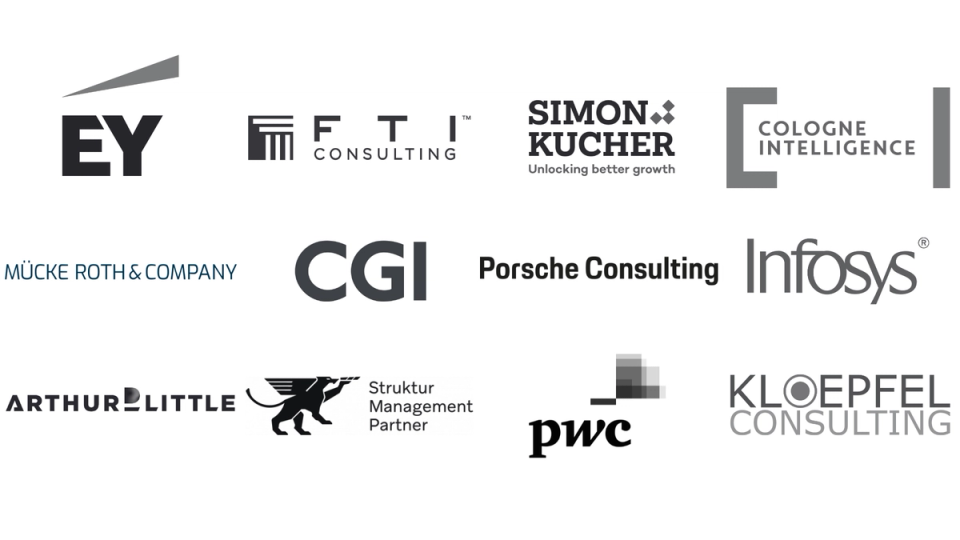 Logo cloud: EY, FTI Consulting, CGI, Infosys, Cologne Intelligence, etc. 