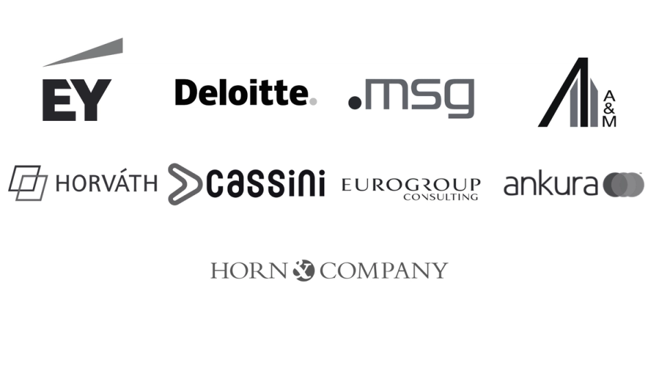 Logo cloud: EY, Deloitte, Cassini, Horvath, etc.