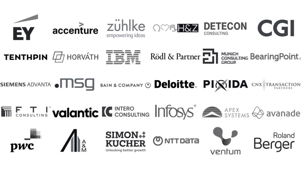 Logo cloud: EY, Accenture, Detecon, CGI, Deloitte, PwC and others