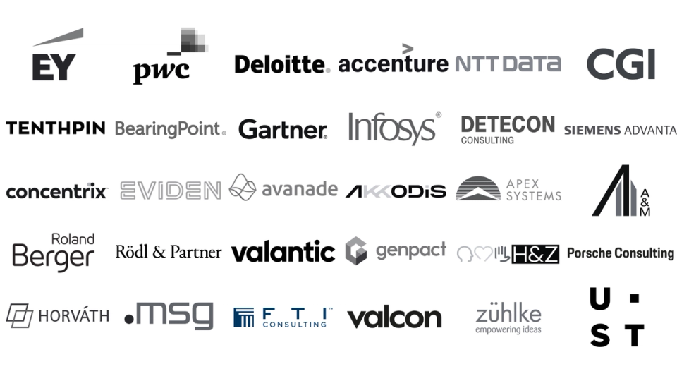 Logo cloud. Attendees include executives from companies such as EY, Deloitte, PwC, Infosys, etc. 