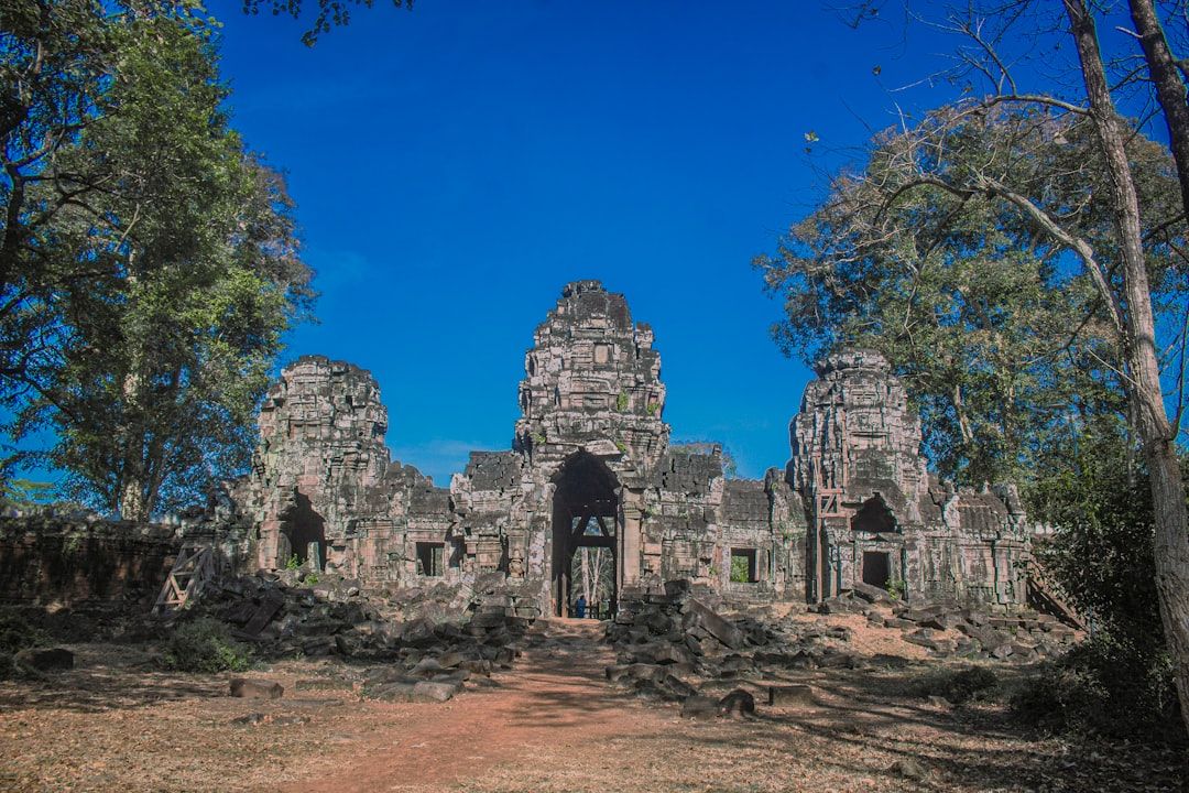 A large stone building surrounded by trees on a sunny day
