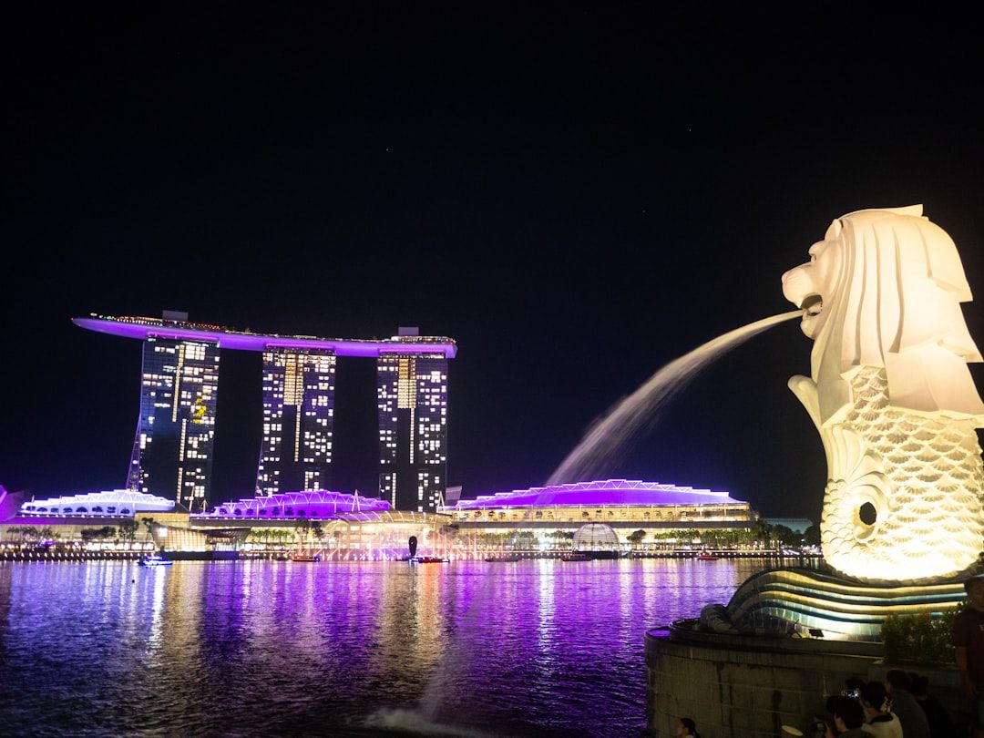 Singapore's iconic merlion fountain at night