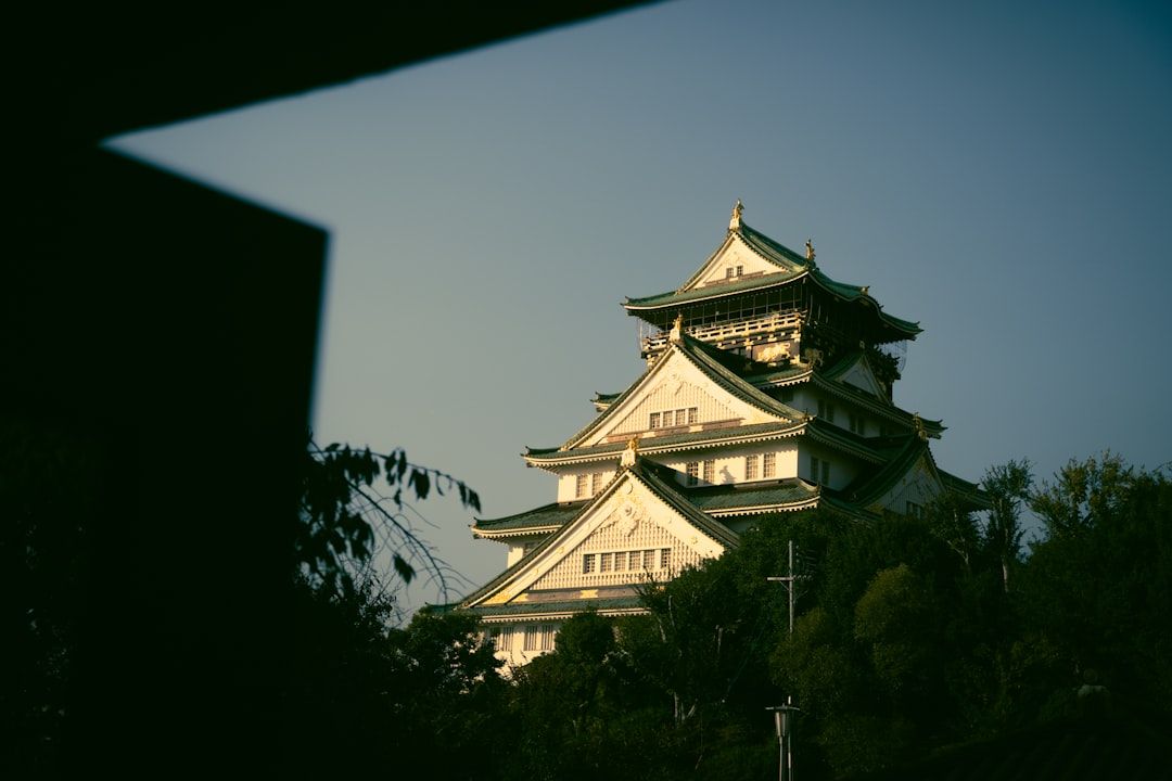 A japanese castle bathed in golden sunlight.