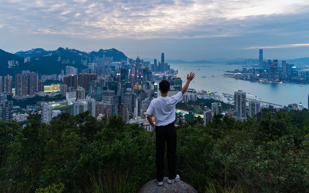 Person waves at cityscape from a hilltop.