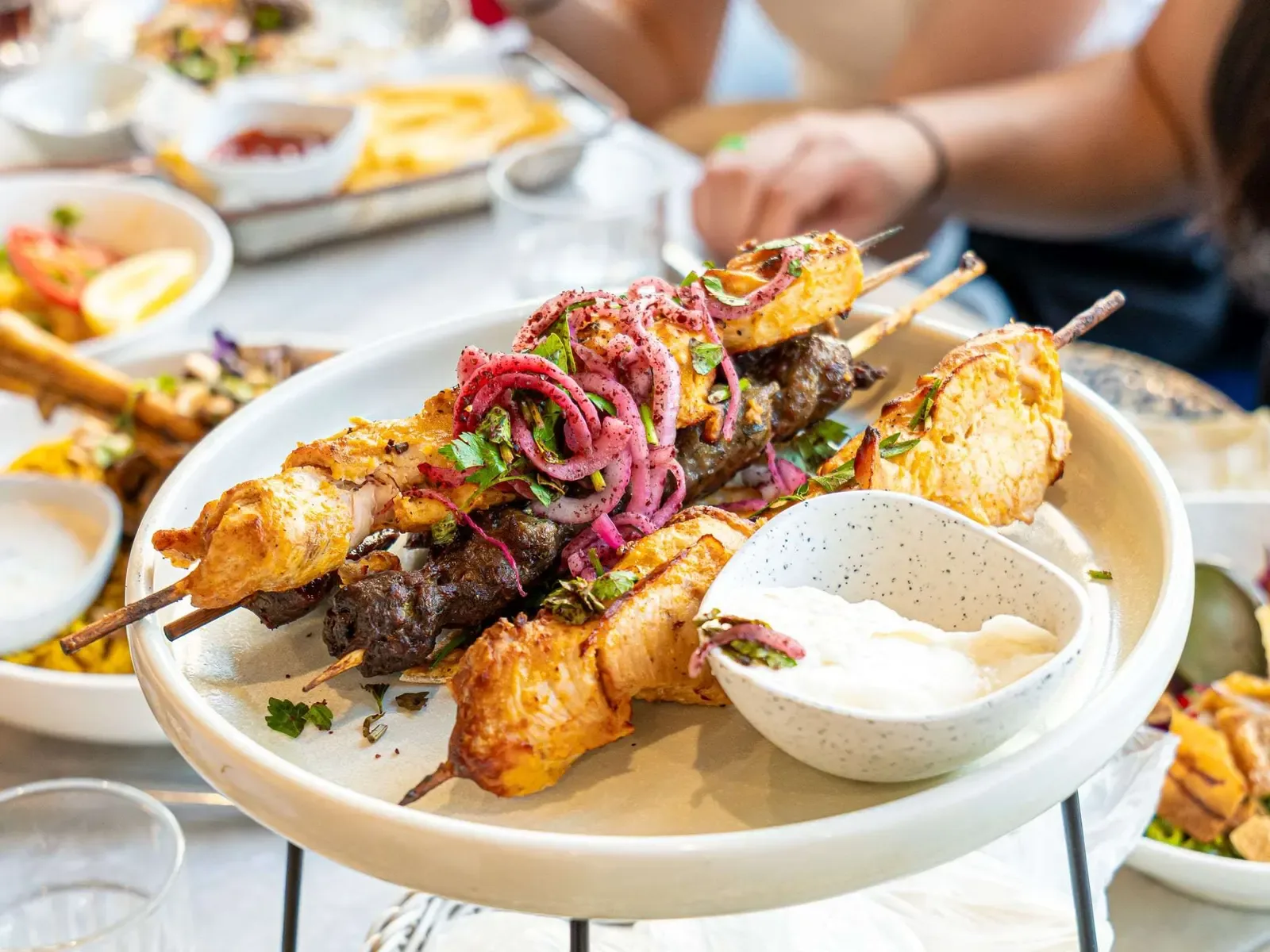 A kebab platter, styled for a food shoot