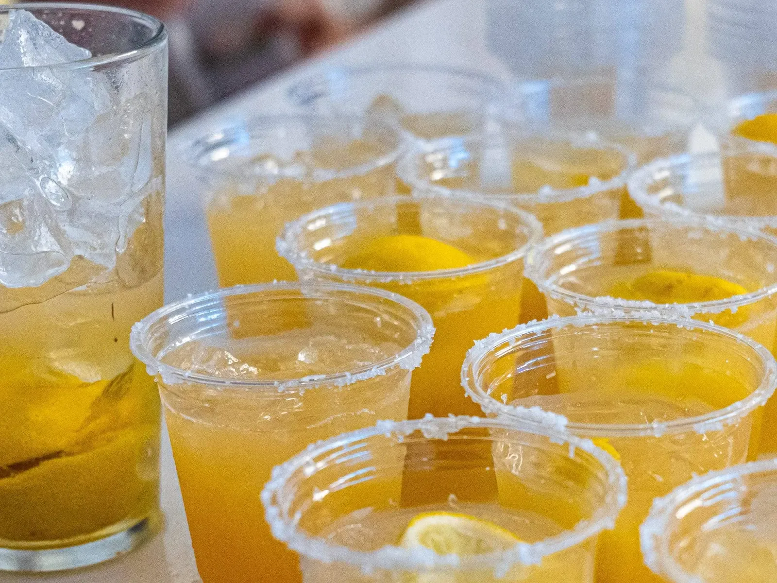 Rows of iced drinks lined up for service