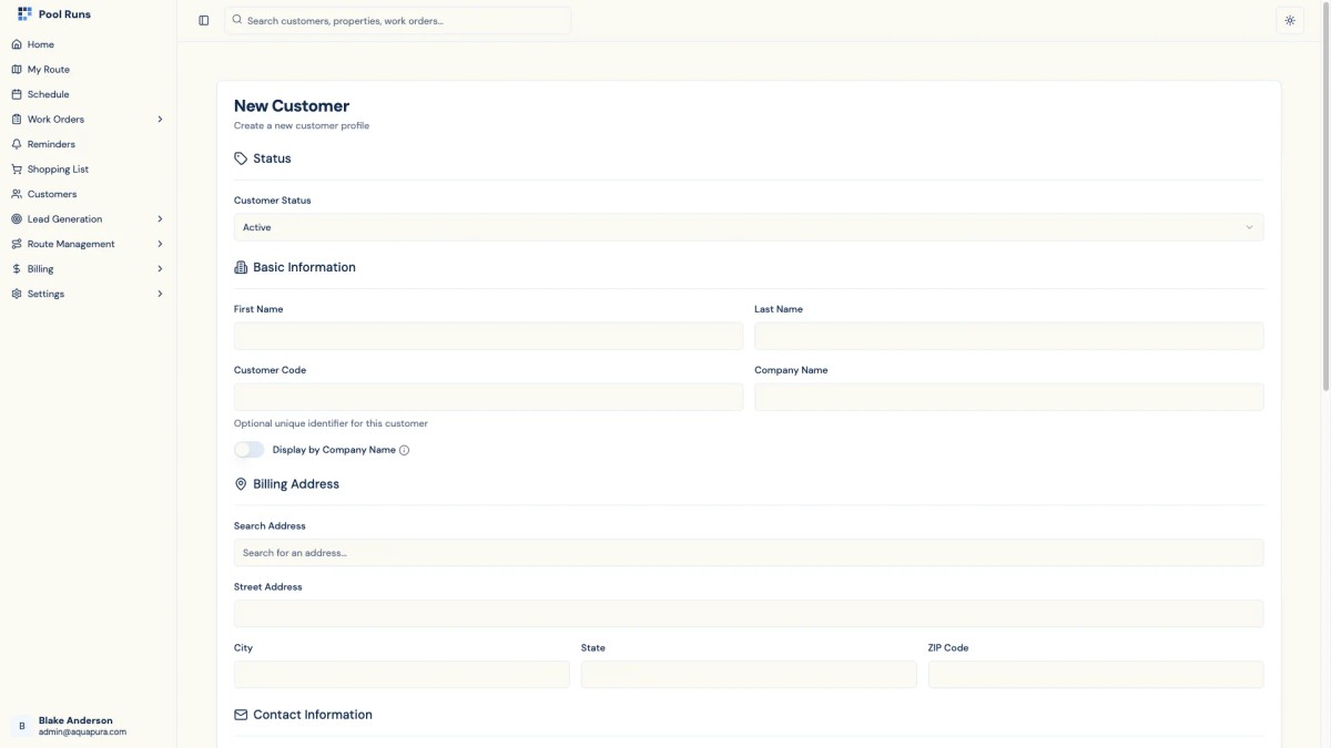 The Pool Runs customer creation form showing fields for name, contact information, and status