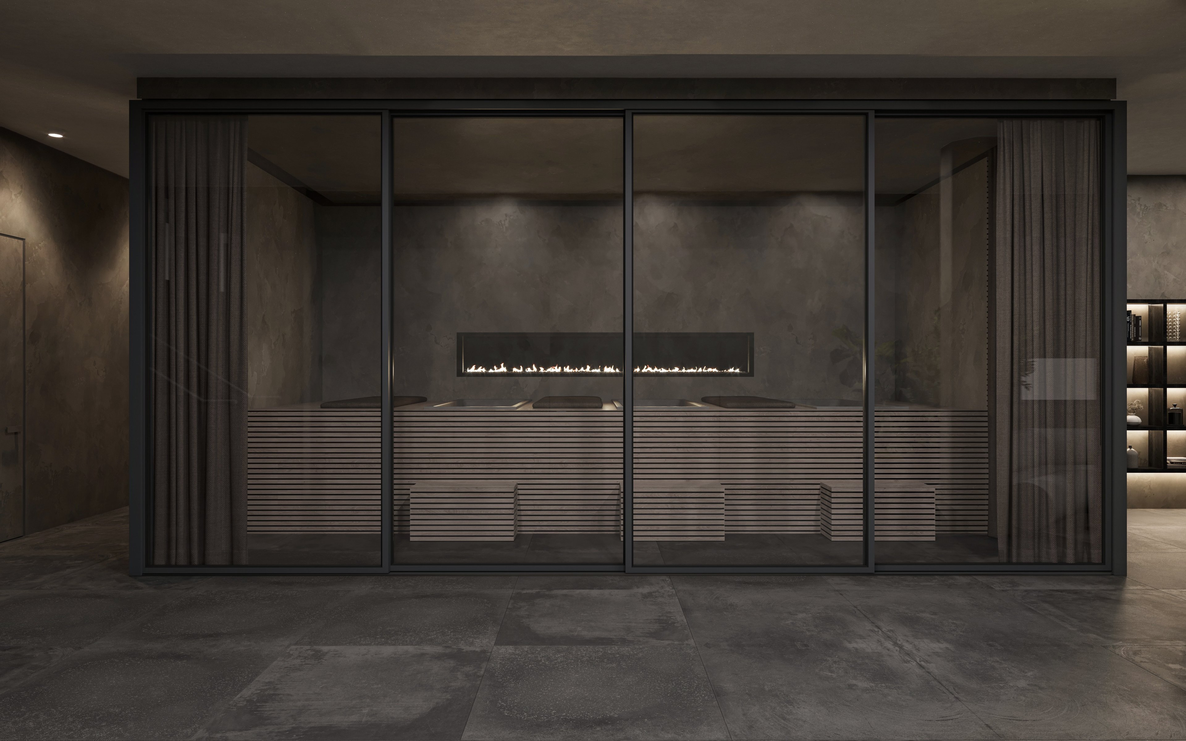 3D render of the Ice Bath Suite - 3 ice baths in front of an indoor fireplace