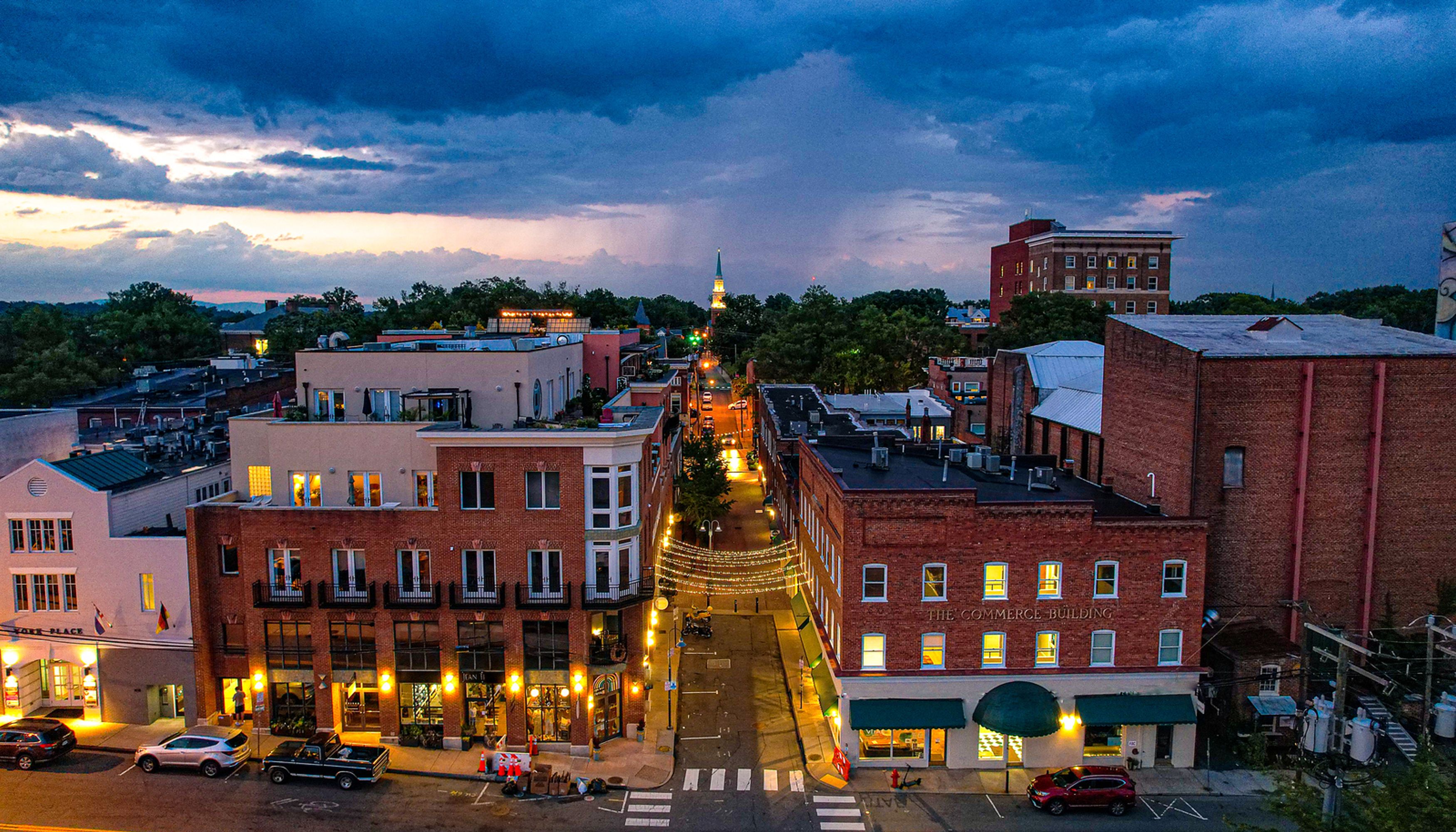 Brick buildings with string lightsundefined
