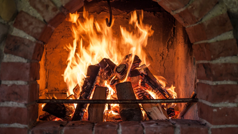 fire going strong in fireplace