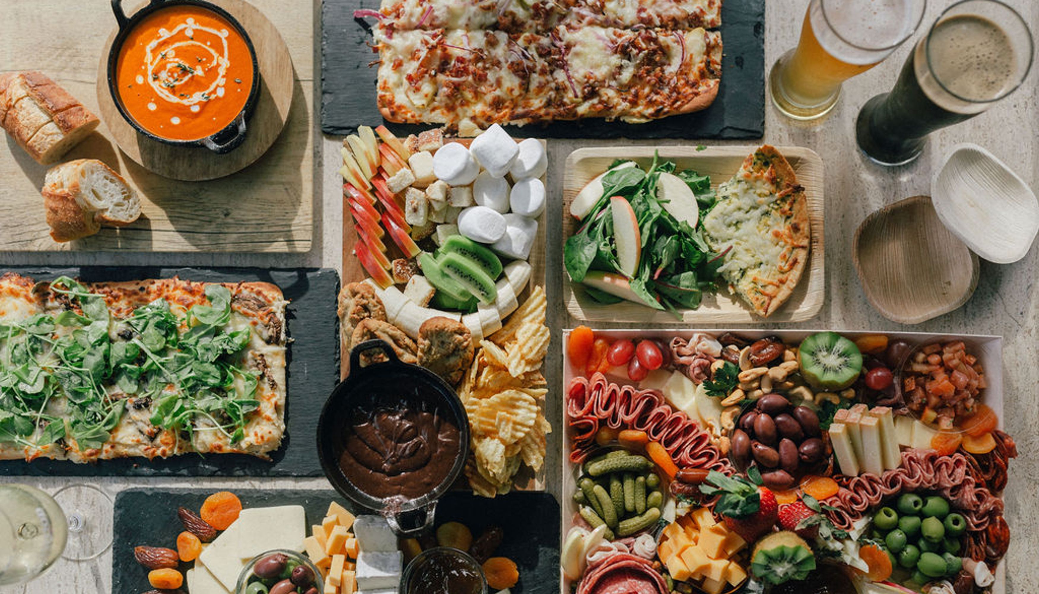 Pizza, charcuterie, tomato soup, beersundefined