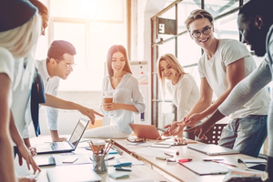 employees collaborating in a team meeting