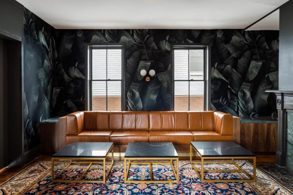 Leather couch in stylish Charlottesville hotel