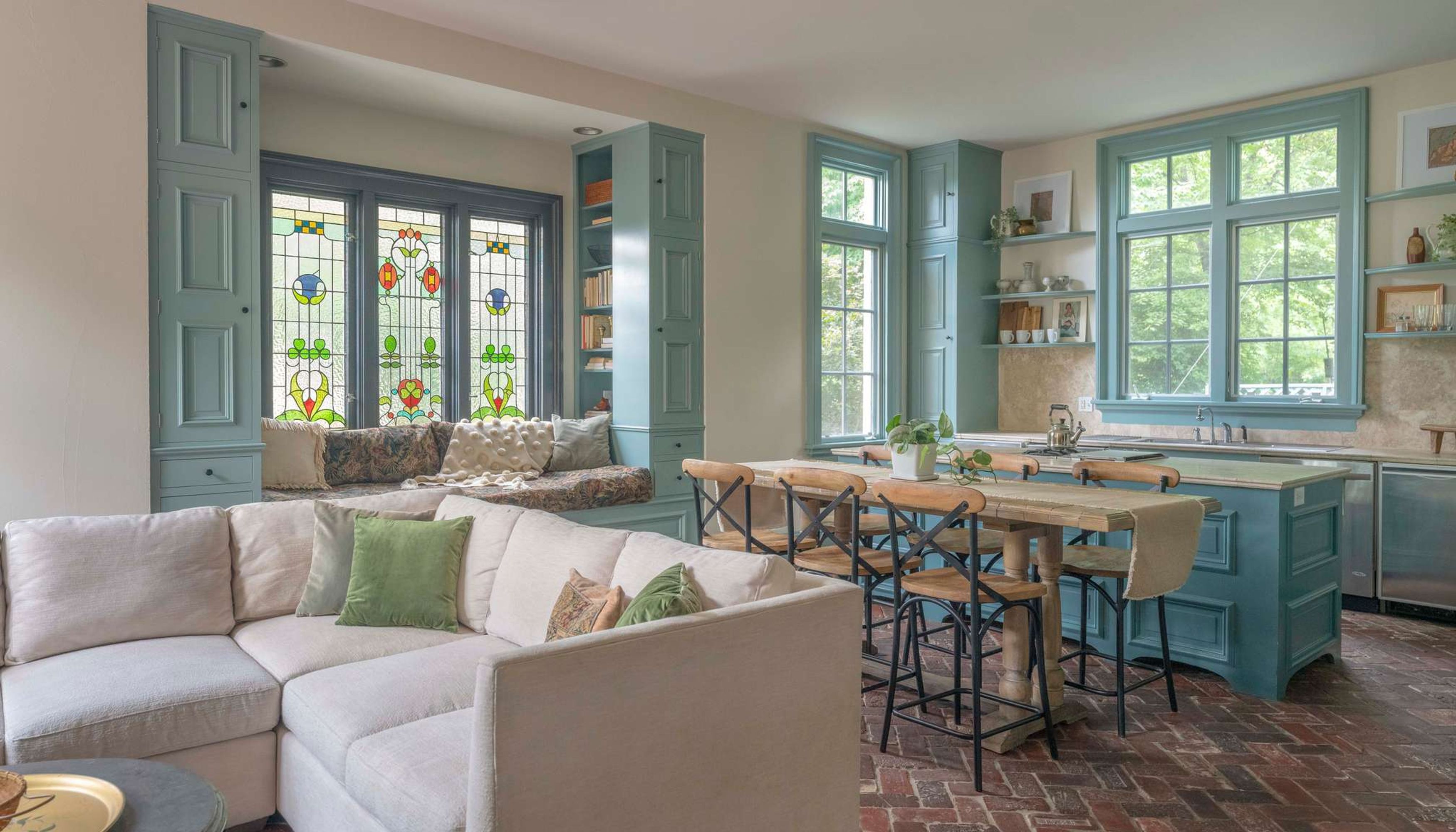 Kitchen with large blue framed windows