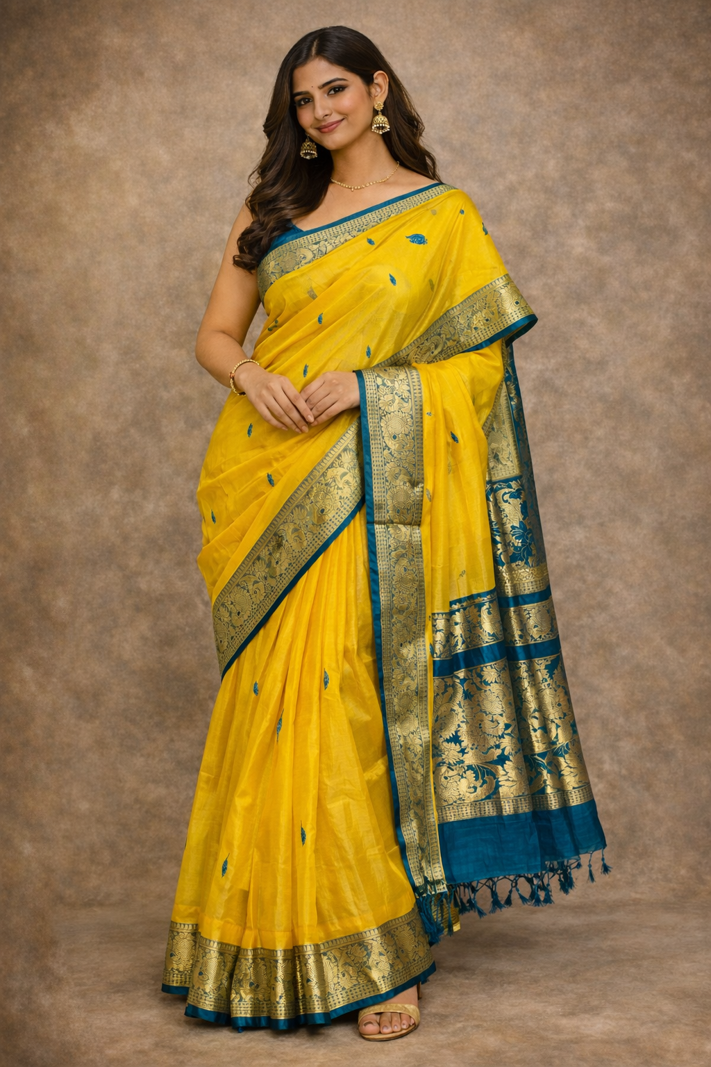 Yellow & Blue Kuppadam Pattu Pure Silk Cotton Saree with Zari Border