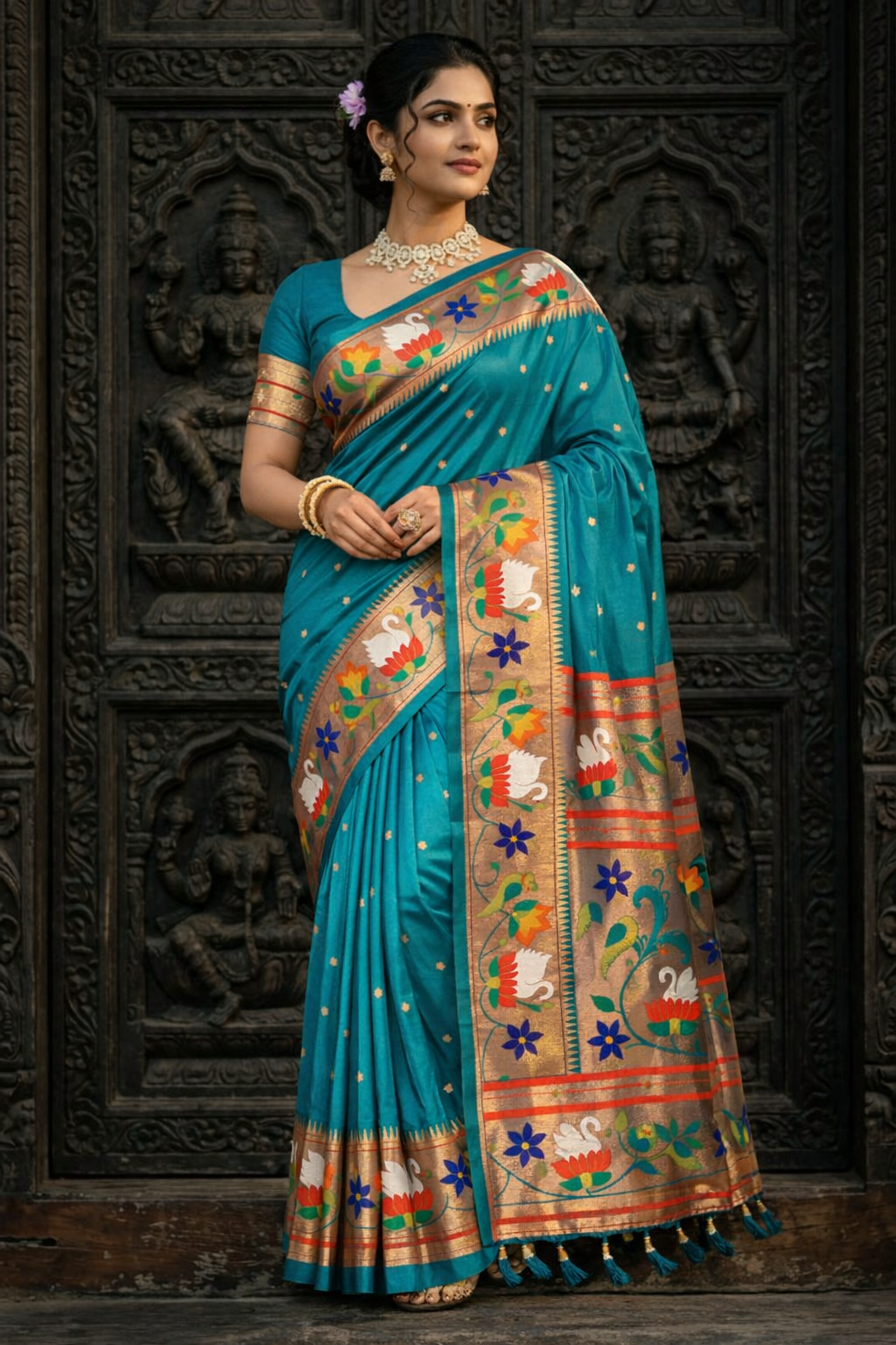 Teal Paithani Silk Saree with Hamsa Motif Zari Border