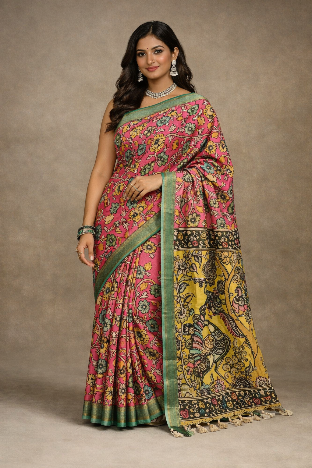 Natural Ceremonial Motiffs Pen Kalamkari Tussar Silk Saree