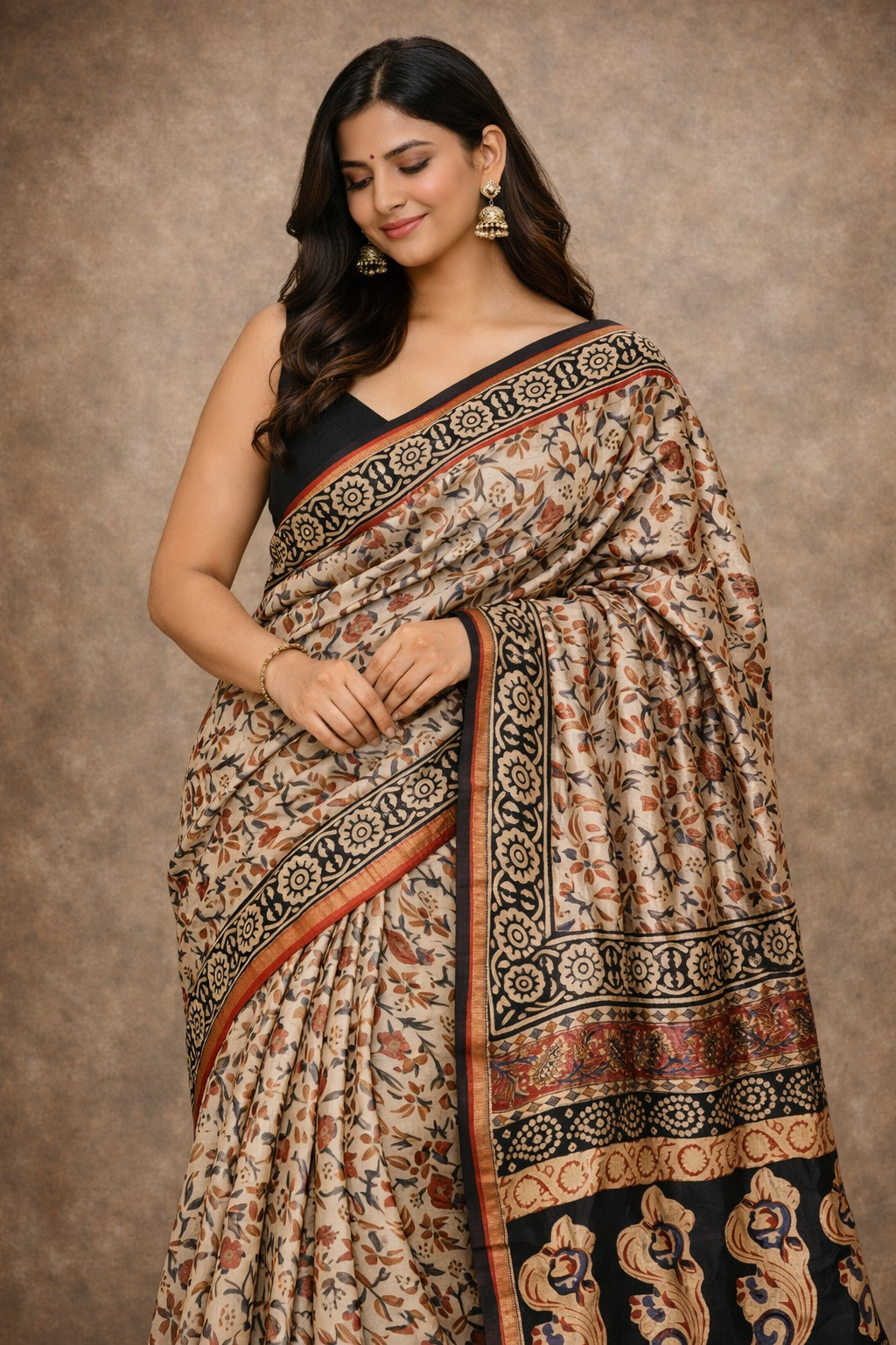 Pedana Kalamkari Block Printed Saree in Natural Beige
