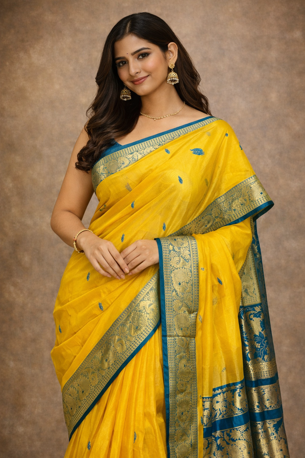 Yellow & Blue Kuppadam Pattu Pure Silk Cotton Saree with Zari Border