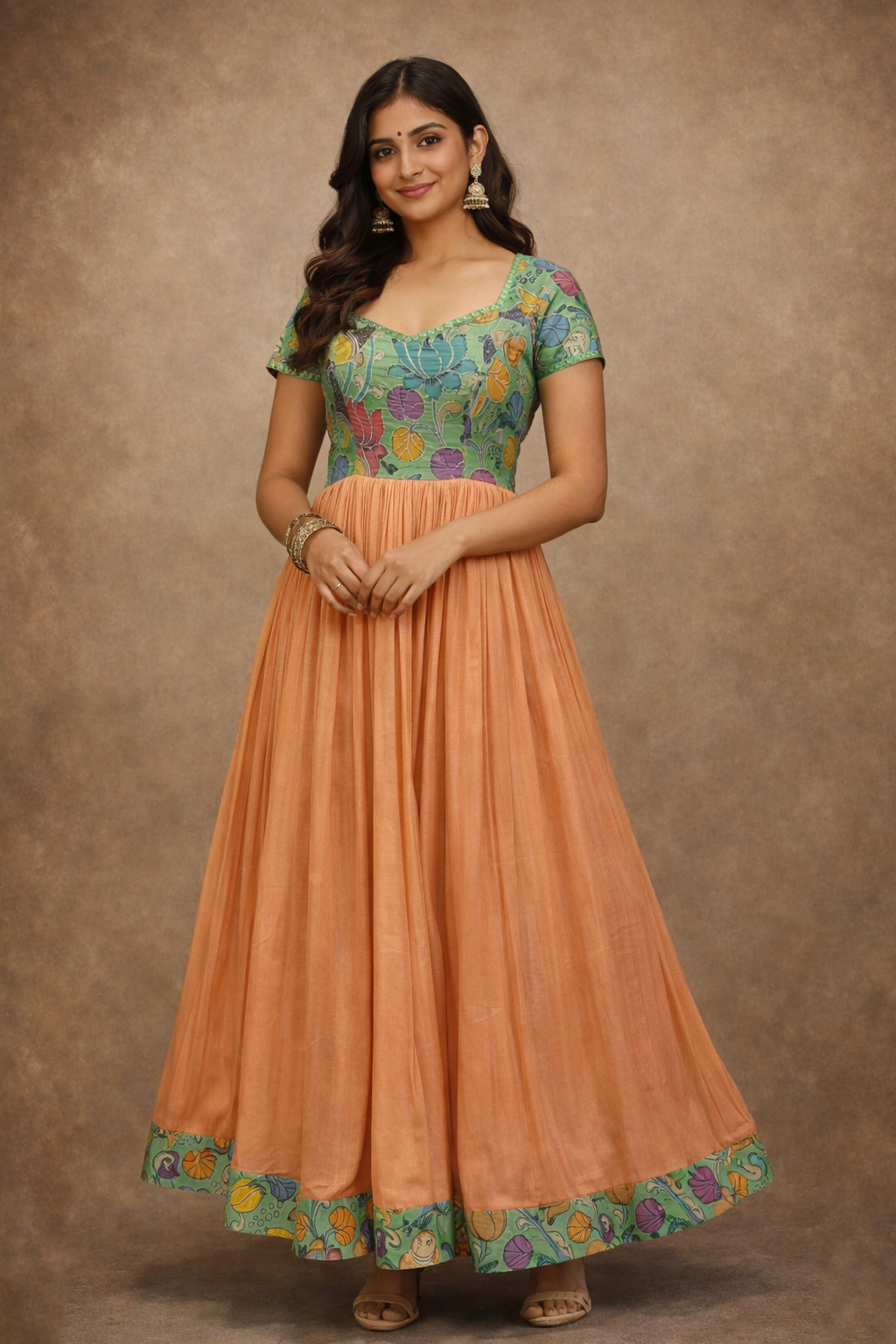 Hand-Painted Pen Kalamkari Yoke Pleated Long Frock – Peach Anarkali with Kalamkari Border