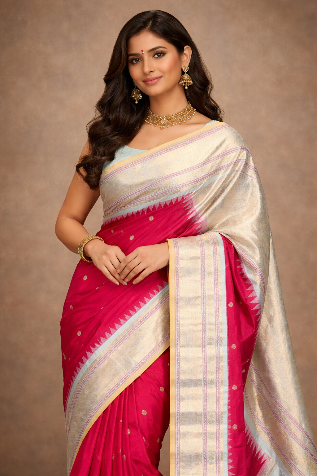 Handloom Pure Silk Cotton Gadwal Saree in Crimson Red with Gold Zari Border