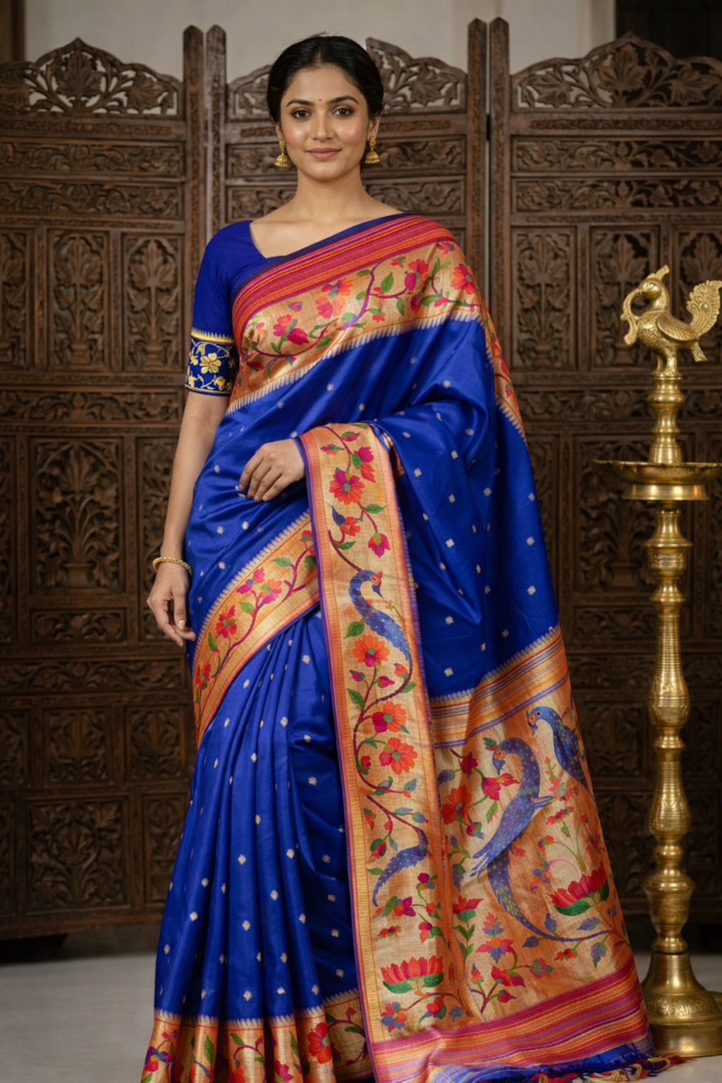 Royal Blue Paithani Silk Saree with Floral and Peacock Zari Pallu
