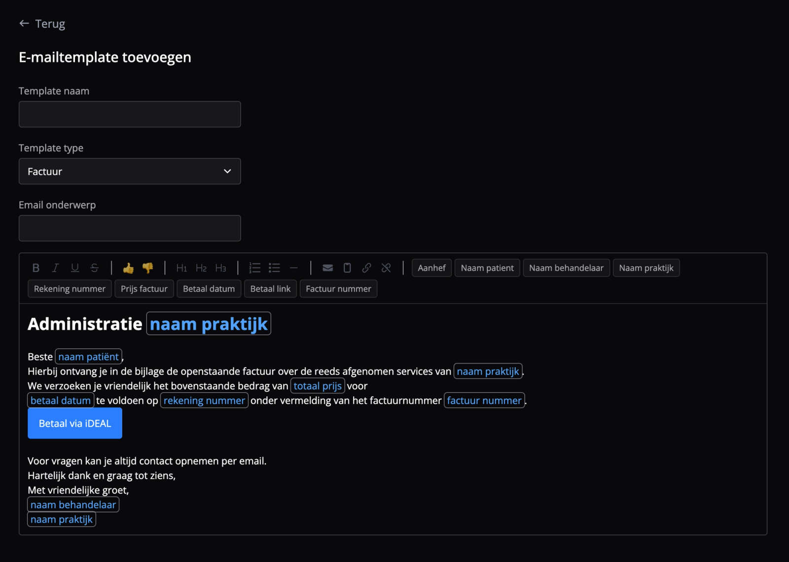 Je kan overzichtelijk nieuw emailtemplates aanmaken